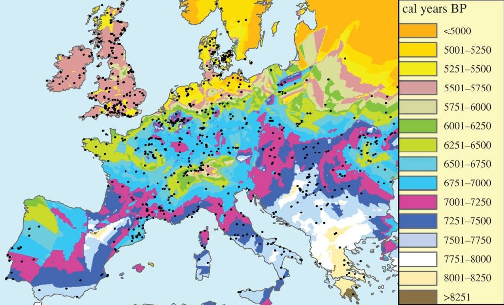 The spread of human populations in the years before present (BP), based on 918 sites (circled) in Europe and the Near East.