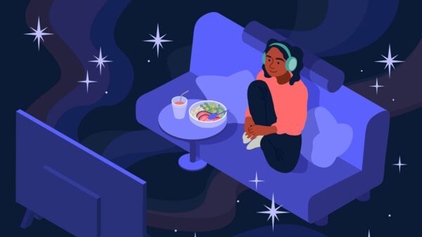 Illustration of a woman relaxing on a sofa with healthy food and headphones, enjoying life in her own way