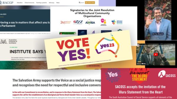 Montage of screenshots of community organisation websites stating support for the Voice overlaid with image of bumper VOTE YES! sticker