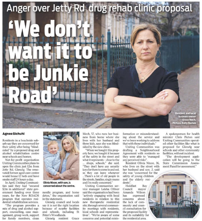 Cutting from The Advertiser newspaper showing an angry looking woman arms akimbo, on a street corner, with the heading: Anger over Jetty Rd drug rehab clinic prosal 'We don't want it to be Junkie Road'