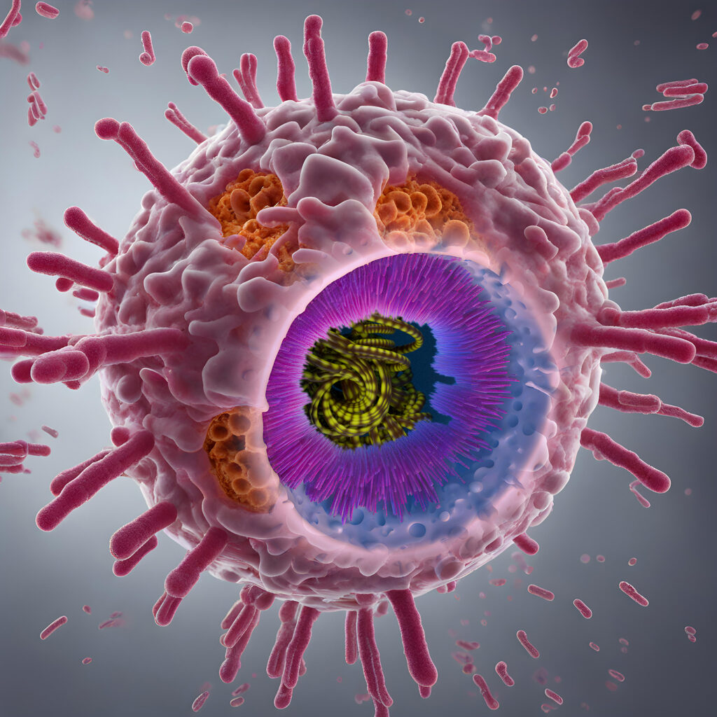 Cross-section of the hepatitis C virus, showing the folded-up RNA stored inside, in yellow (Artist's impression