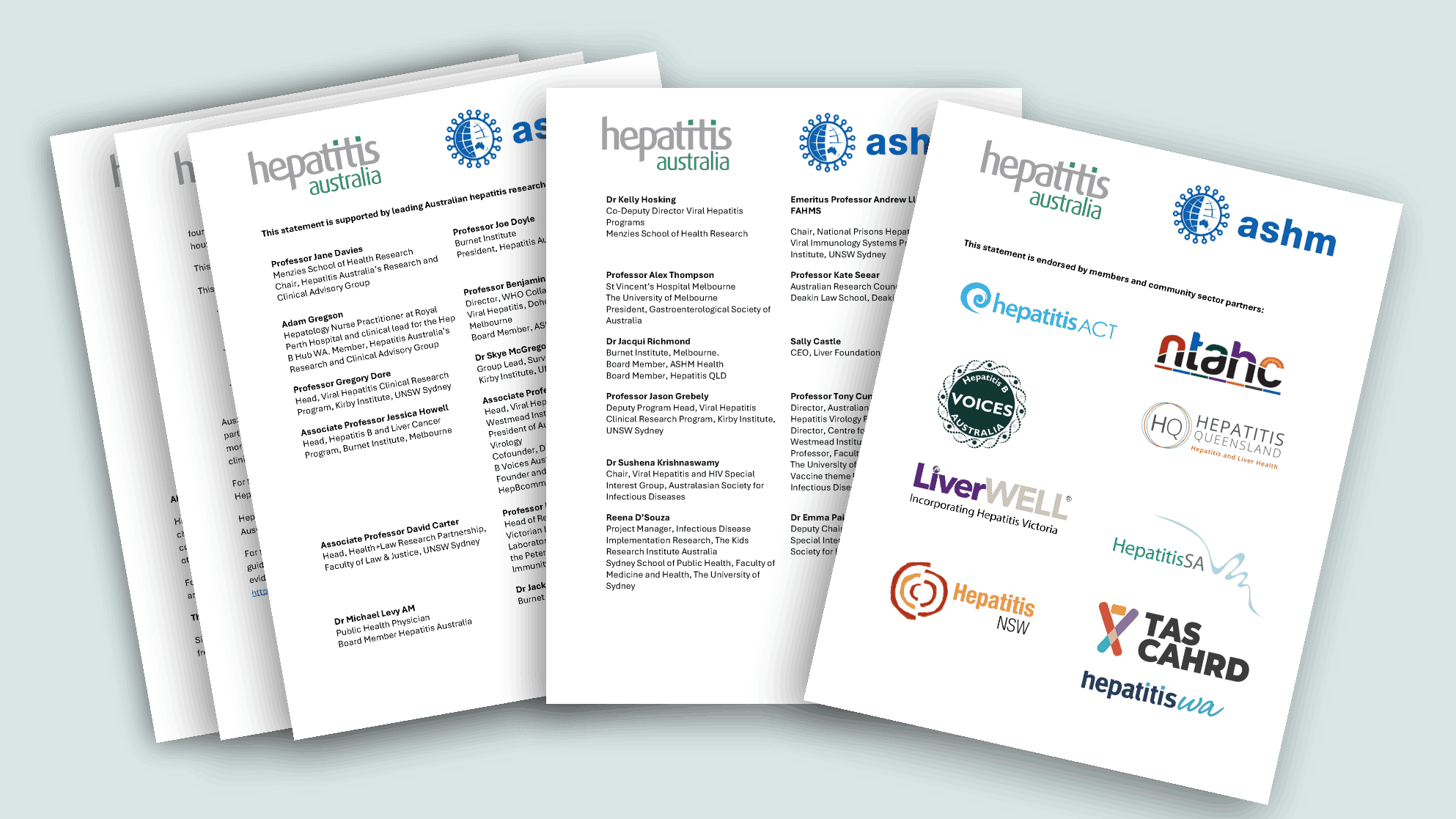 Pages of clinicians and researchers statement showing names and logos